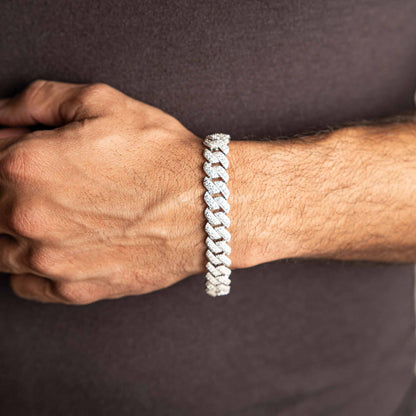 Silver Iced Moissanite Prong Miami Cuban Bracelet 12mm