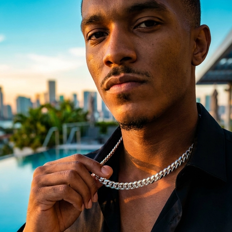 A man wearing a silver chain necklace and a black button-down shirt, posing outdoors near a pool with a city skyline in the background.