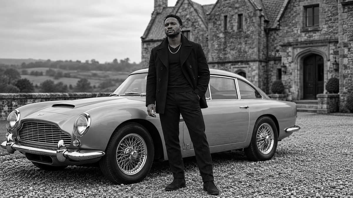 A man in a black coat and trousers stands beside a classic Aston Martin car on a gravel driveway in front of a stone mansion, shown in black and white.